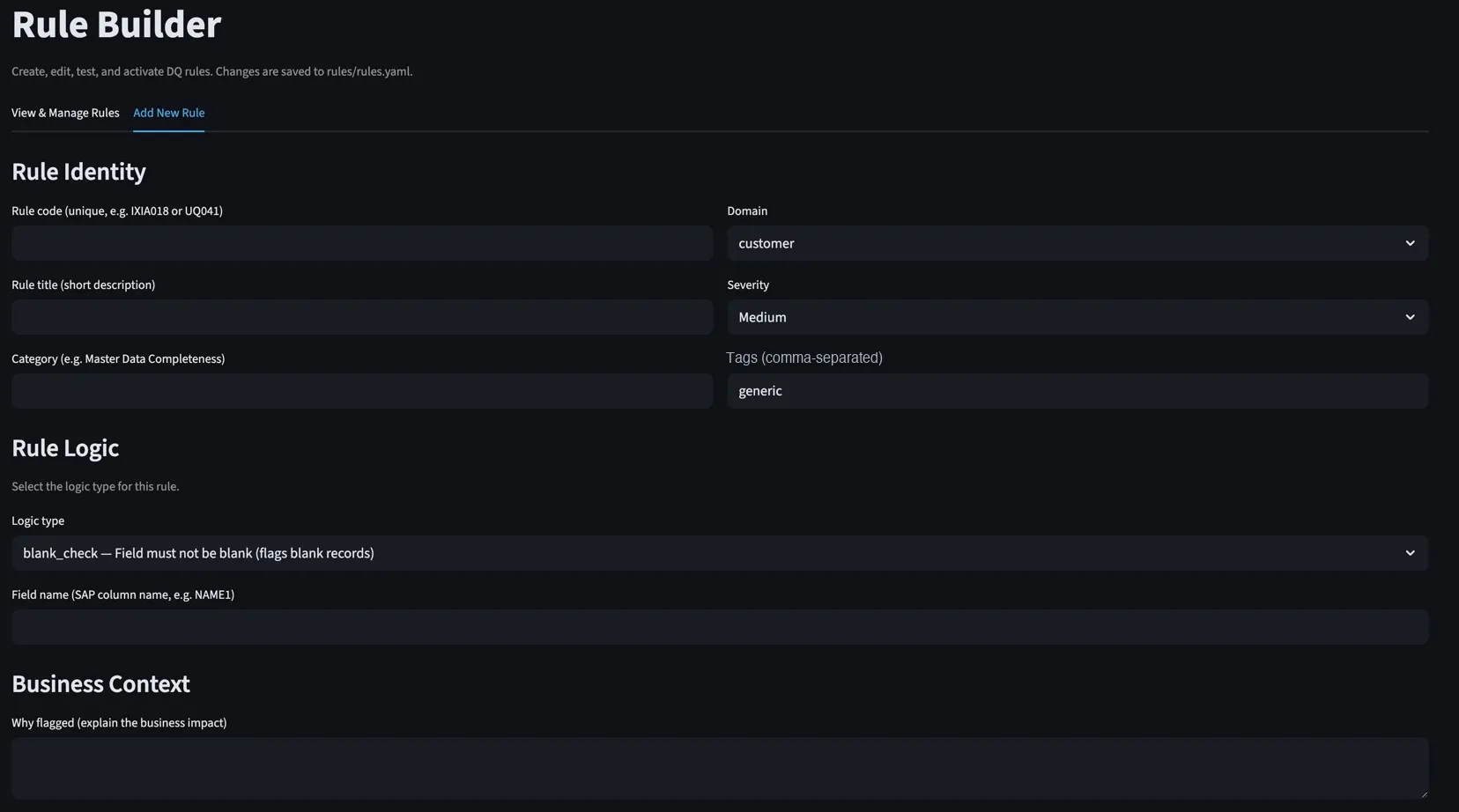 Rule Builder screen defining a rule with identity, blank-check logic on an SAP column, severity and business context